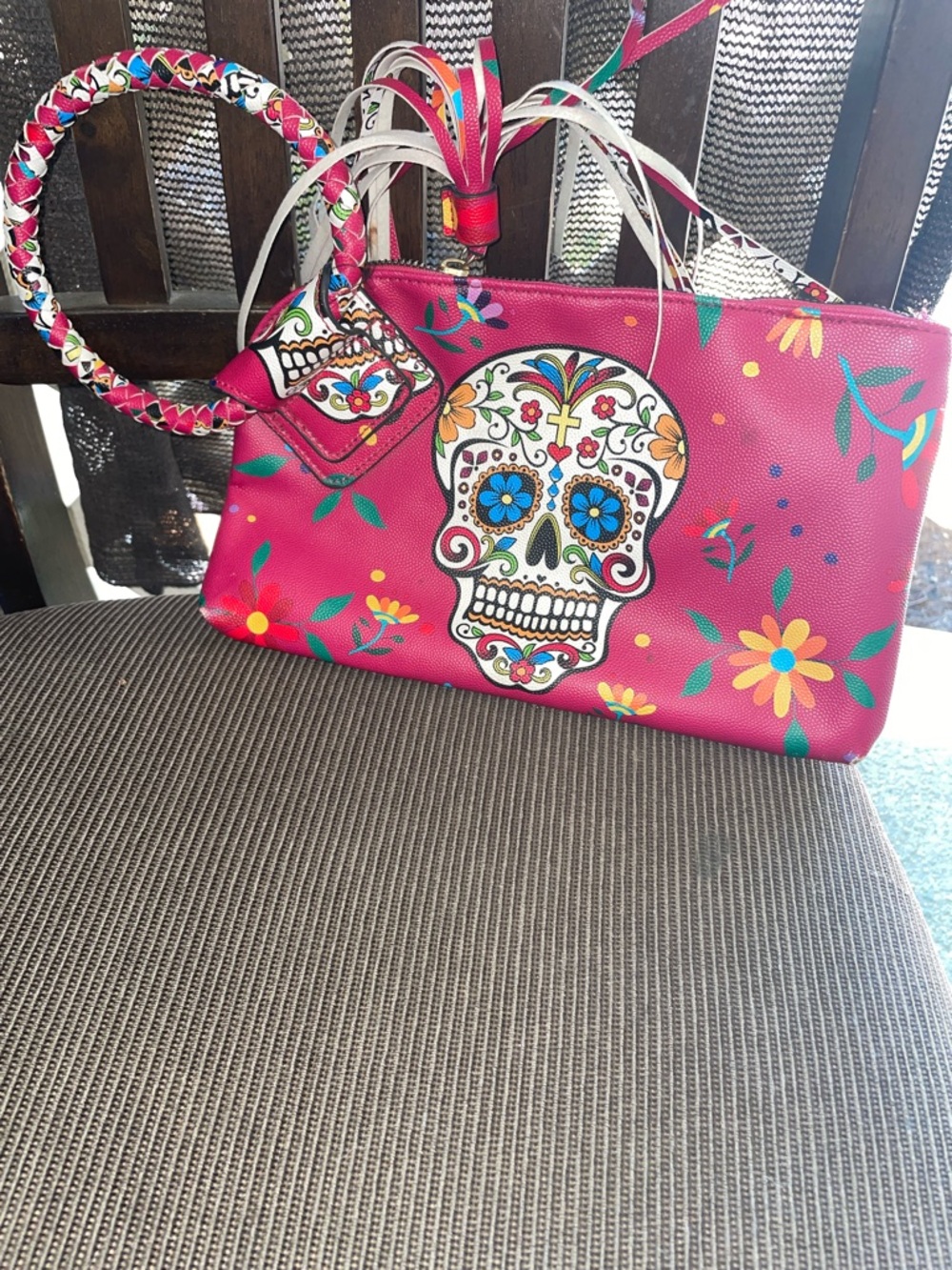 Pink Floral Sugar Skull Wristlet Bag